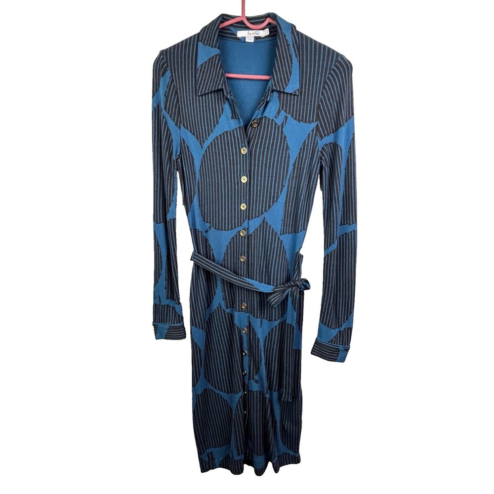 Boden Button Down Tie Waist Midi Dress Collared Long Sleeve Geo Print Blue US 4